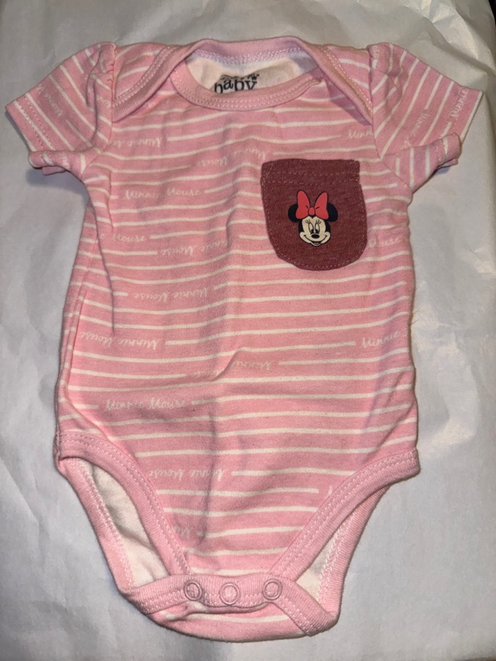 Disney Pink Striped Minnie Mouse Pocket Baby One-Piece size 3-6m (CL)